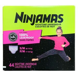 Ninjamas Leakproof Nighttime Underwear for Girls, S/M (38-70lbs), 44 ct